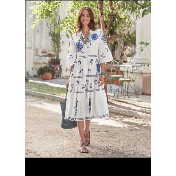 Sundance Dresses & Skirts - Sundance White Blue Floral Embroidered Tiered Button Down Midi Dress sz L NWOT
